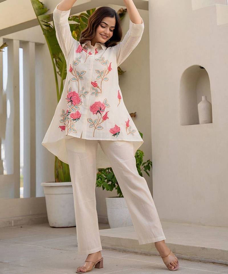 Floral Embroidered Thread Work Pure Cotton A-Line Kurta With Trousers