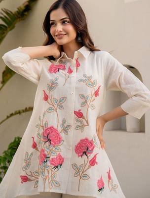 Floral Embroidered Thread Work Pure Cotton A-Line Kurta With Trousers 7