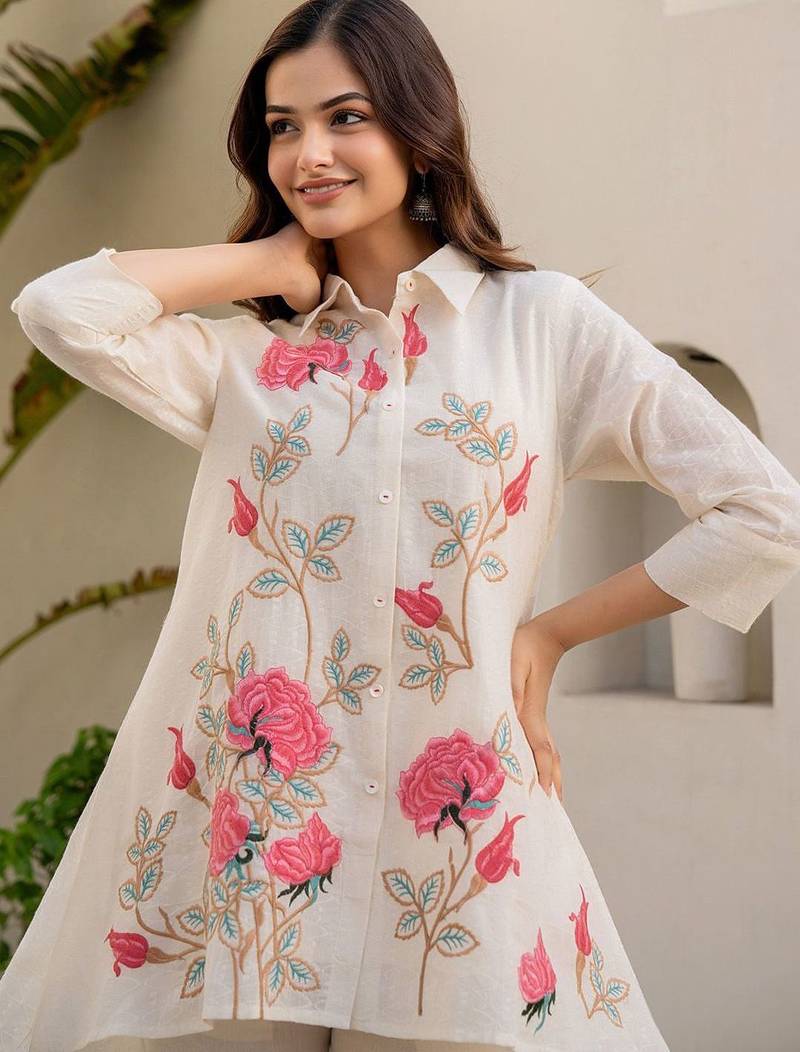 Floral Embroidered Thread Work Pure Cotton A-Line Kurta With Trousers