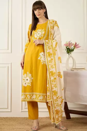 Women Floral Printed Regular Mirror Work Pure Cotton Kurta with Trousers & With Dupatta