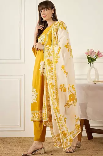 Women Floral Printed Regular Mirror Work Pure Cotton Kurta with Trousers & With Dupatta