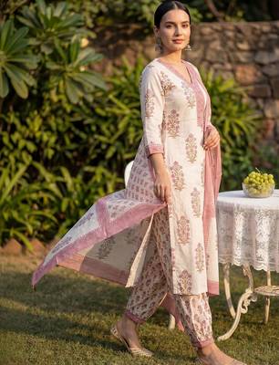 Women Floral Printed Regular Sequinned Pure Cotton Kurta with Salwar & With Dupatta 2