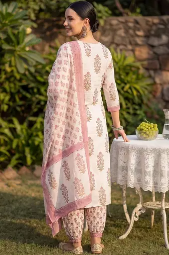 Women Floral Printed Regular Sequinned Pure Cotton Kurta with Salwar & With Dupatta