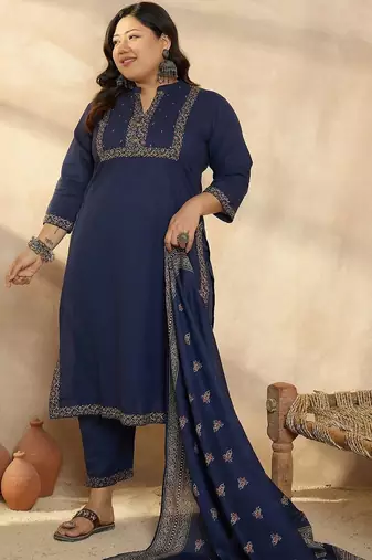 Plus Size Blue Printed Straight Kurta Trousers With Dupatta Set