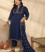 Plus Size Blue Printed Straight Kurta Trousers With Dupatta Set