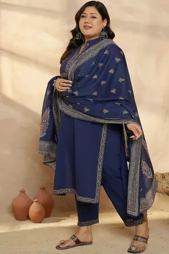 Plus Size Blue Printed Straight Kurta Trousers With Dupatta Set