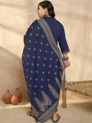 Plus Size Blue Printed Straight Kurta Trousers With Dupatta Set 4