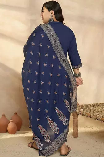 Plus Size Blue Printed Straight Kurta Trousers With Dupatta Set