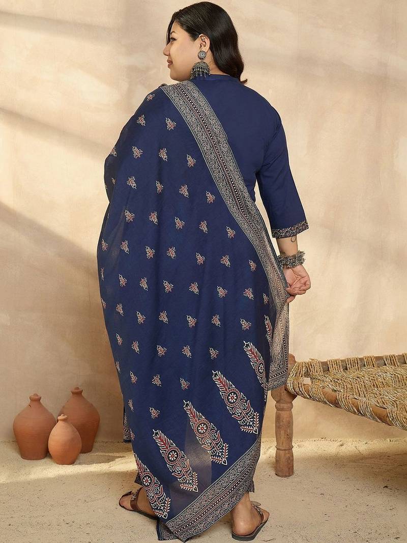 Plus Size Blue Printed Straight Kurta Trousers With Dupatta Set