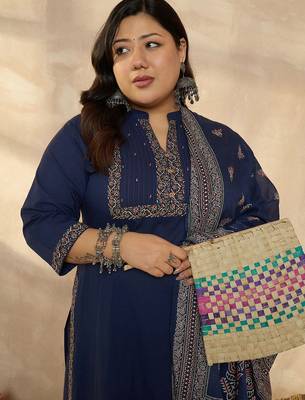 Plus Size Blue Printed Straight Kurta Trousers With Dupatta Set 5