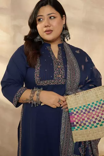 Plus Size Blue Printed Straight Kurta Trousers With Dupatta Set