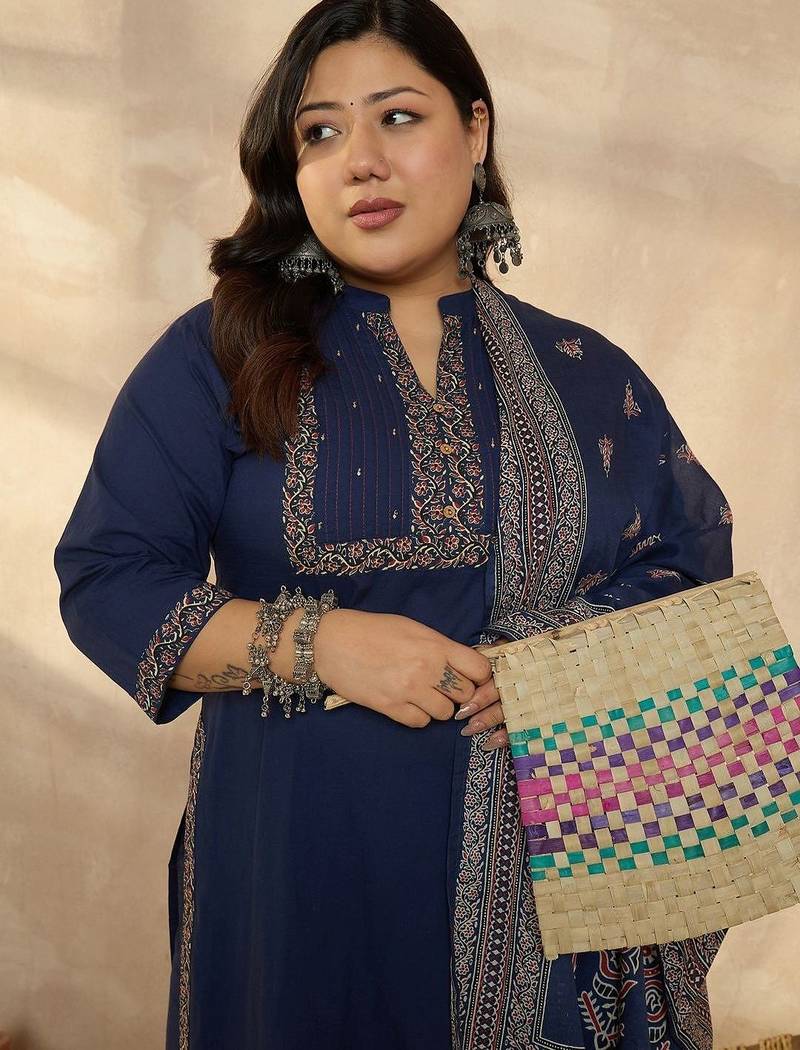 Plus Size Blue Printed Straight Kurta Trousers With Dupatta Set