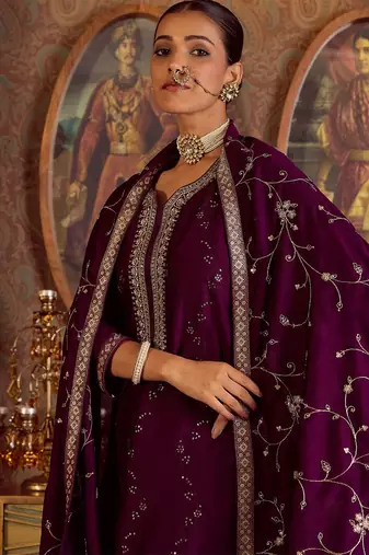 Floral Embroidered Sequinned Kurta With Trousers & Dupatta