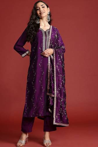 Floral Embroidered Sequinned Kurta With Trousers & Dupatta