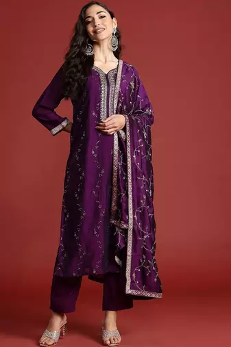 Floral Embroidered Sequinned Kurta With Trousers & Dupatta