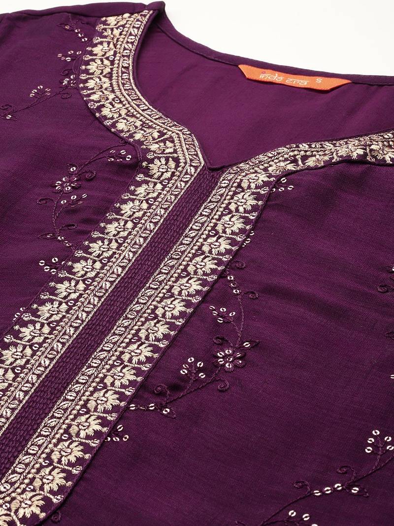 Floral Embroidered Sequinned Kurta With Trousers & Dupatta