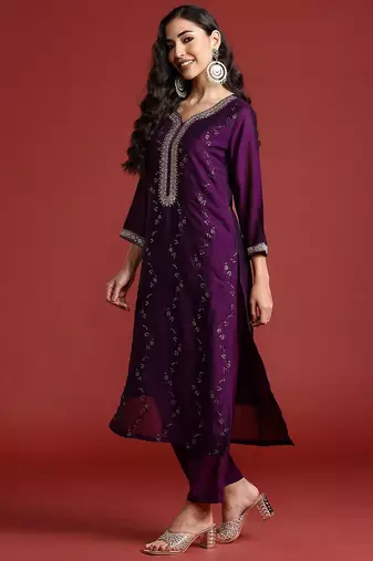 Floral Embroidered Sequinned Kurta With Trousers & Dupatta