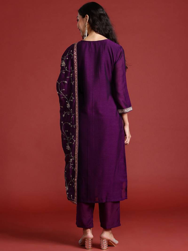 Floral Embroidered Sequinned Kurta With Trousers & Dupatta