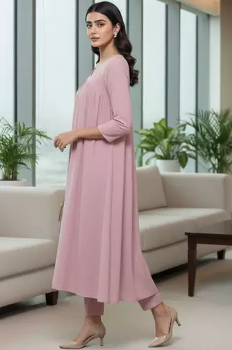 Women Tiered Silk Crepe Kurta with Trousers