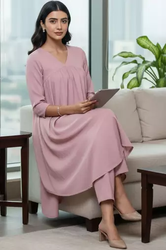 Women Tiered Silk Crepe Kurta with Trousers