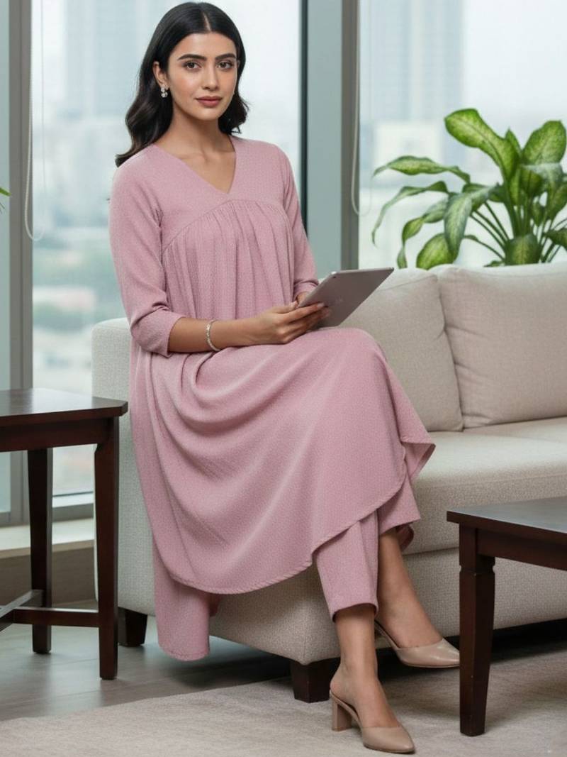 Women Tiered Silk Crepe Kurta with Trousers