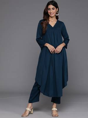 Teal Blue Alia Cute Gathered A-Line Flared Kurta with Trouser 1