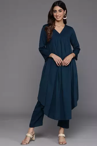 Teal Blue Alia Cute Gathered A-Line Flared Kurta with Trouser