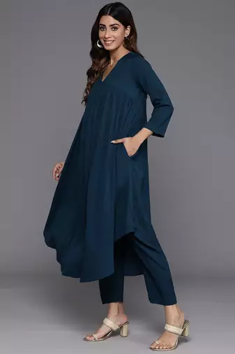 Teal Blue Alia Cute Gathered A-Line Flared Kurta with Trouser