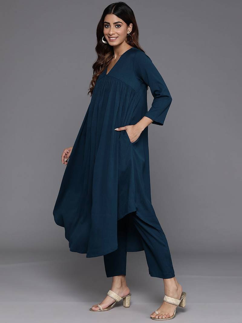 Teal Blue Alia Cute Gathered A-Line Flared Kurta with Trouser
