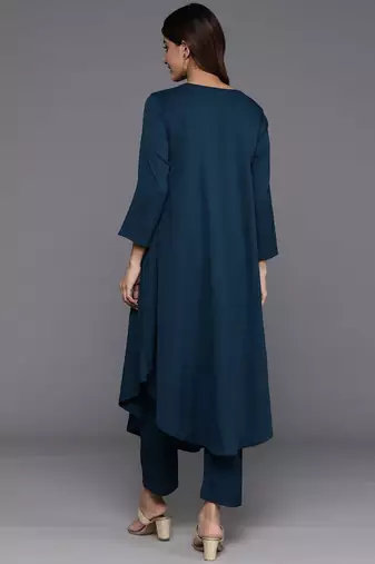 Teal Blue Alia Cute Gathered A-Line Flared Kurta with Trouser