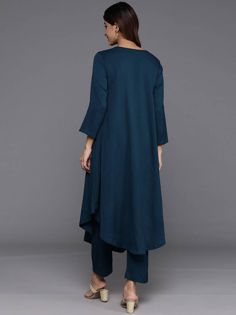 Teal Blue Alia Cute Gathered A-Line Flared Kurta with Trouser