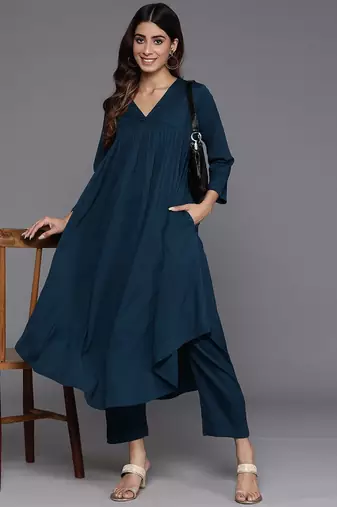 Teal Blue Alia Cute Gathered A-Line Flared Kurta with Trouser