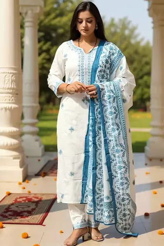 Women Ethnic Motifs Embroidered Pure Cotton Kurta with Trouser & Dupatta
