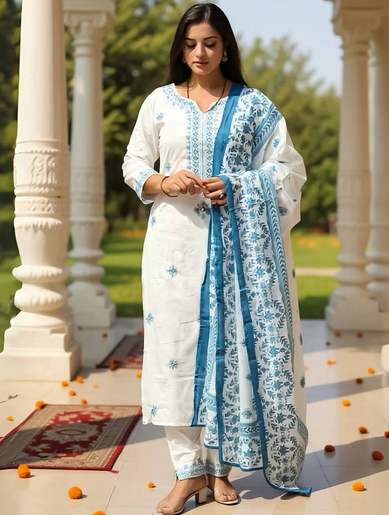 Women Ethnic Motifs Embroidered Pure Cotton Kurta with Trouser & Dupatta