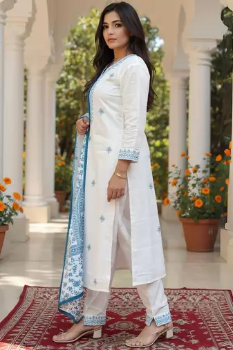 Women Ethnic Motifs Embroidered Pure Cotton Kurta with Trouser & Dupatta
