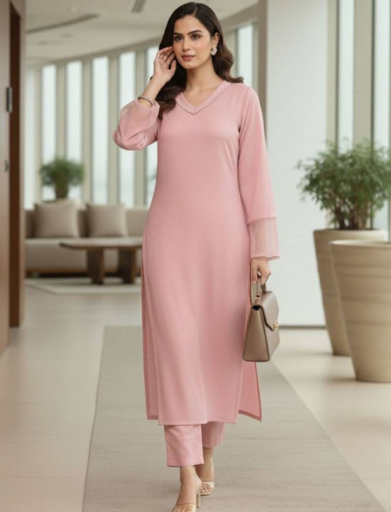 Women Regular Thread Work Silk Crepe Kurta with Trousers