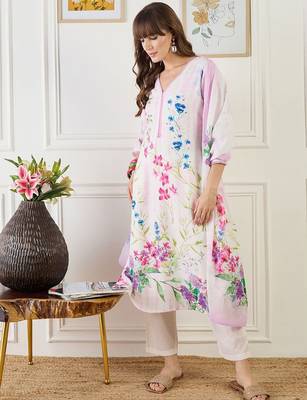Women Floral Printed Regular Linen Kurta & Trousers With Floral Dupatta 1