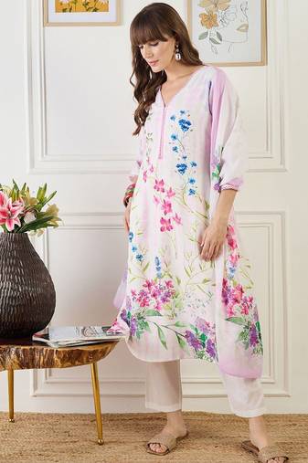 Women Floral Printed Regular Linen Kurta & Trousers With Floral Dupatta