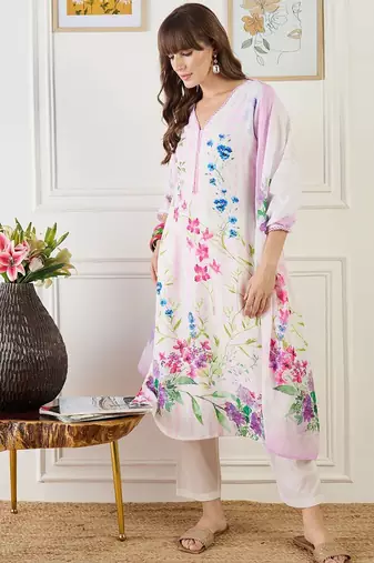 Women Floral Printed Regular Linen Kurta & Trousers With Floral Dupatta