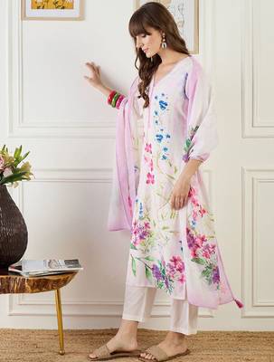 Women Floral Printed Regular Linen Kurta & Trousers With Floral Dupatta 5