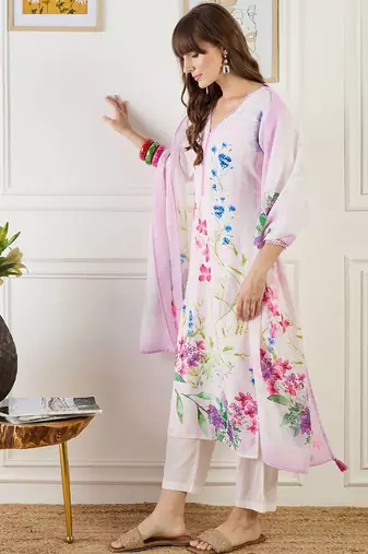 Women Floral Printed Regular Linen Kurta & Trousers With Floral Dupatta