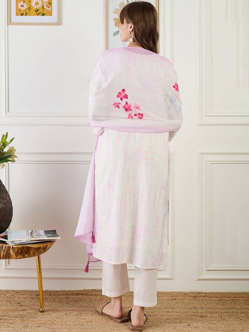 Women Floral Printed Regular Linen Kurta & Trousers With Floral Dupatta