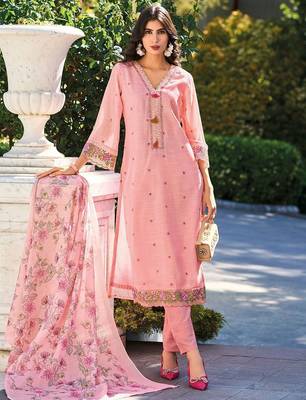 Women Floral Embroidered Thread Work Linen Kurta with Trousers & With Dupatta 1