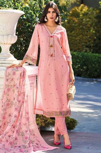 Women Floral Embroidered Thread Work Linen Kurta with Trousers & With Dupatta