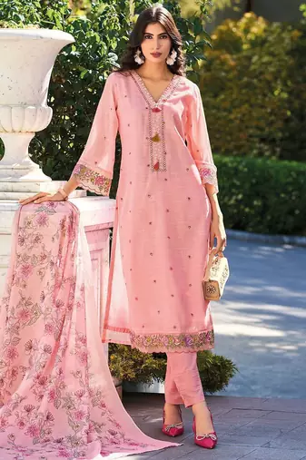 Women Floral Embroidered Thread Work Linen Kurta with Trousers & With Dupatta
