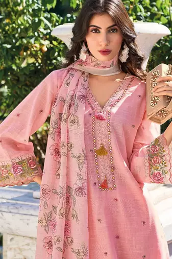 Women Floral Embroidered Thread Work Linen Kurta with Trousers & With Dupatta