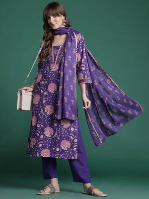 Floral Printed Beads & Stones Pure Cotton Kurta with Trousers & With Dupatta 1