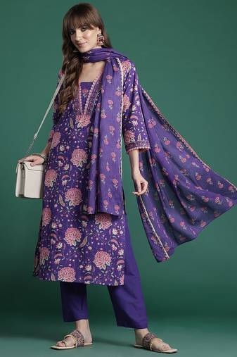 Floral Printed Beads & Stones Pure Cotton Kurta with Trousers & With Dupatta