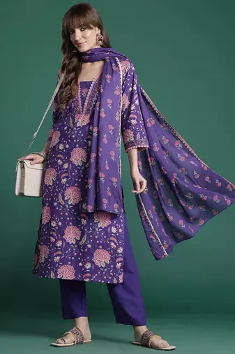 Floral Printed Beads & Stones Pure Cotton Kurta with Trousers & With Dupatta