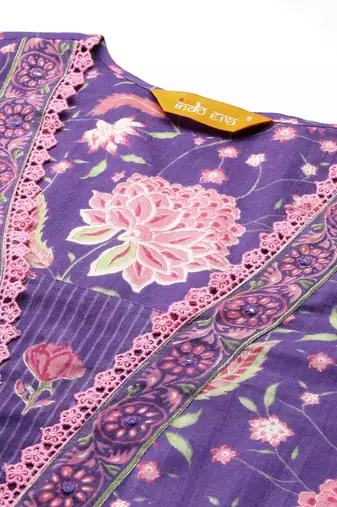Floral Printed Beads & Stones Pure Cotton Kurta with Trousers & With Dupatta